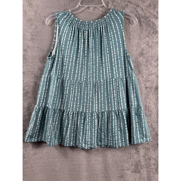 Teal Sleeveless Tiered Ruffle Top With White Dotted Stripes V-Neck By Wonderly - Picture 7 of 8